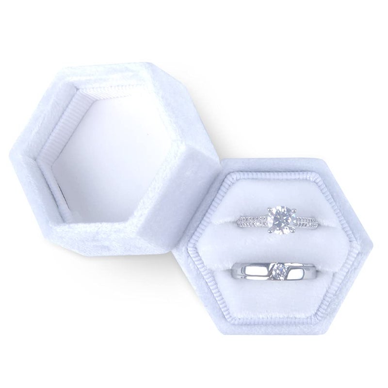 DesignSter Velvet Ring Box Hexagon - Premium Gorgeous Vintage Double Ring Display Holder with Detachable Lid for Proposal, Engagement, Wedding, Ceremony (White) - Image 1